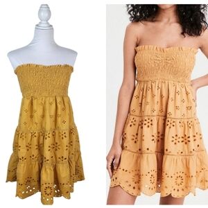 American Eagle Dress Women Large Yellow Strapless Summer Eyelet Floral Boho